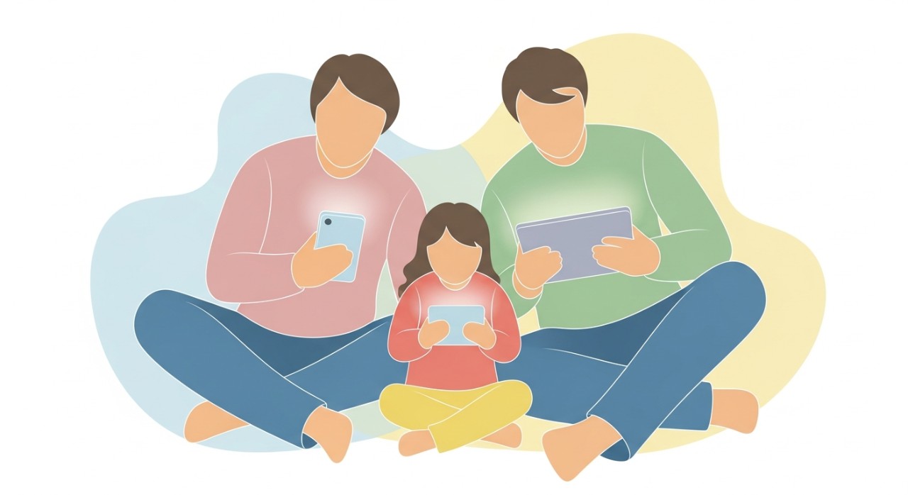 Sebuah keluarga sedang menggunakan pelbagai peranti untuk menonton video dan melayari internet bersama-sama.