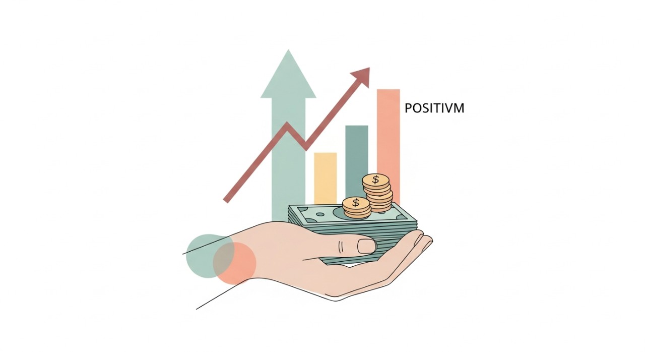 Tangan seseorang sedang memegang wang kertas dan syiling dengan simbol penjimatan atau peningkatan nilai di latar belakang.