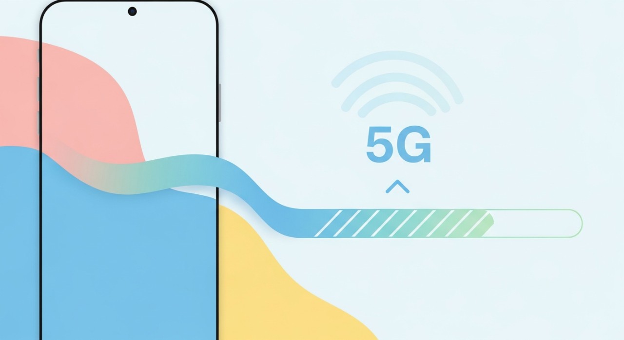 Sebuah telefon pintar memaparkan muat turun fail yang sangat pantas menggunakan rangkaian 5G.