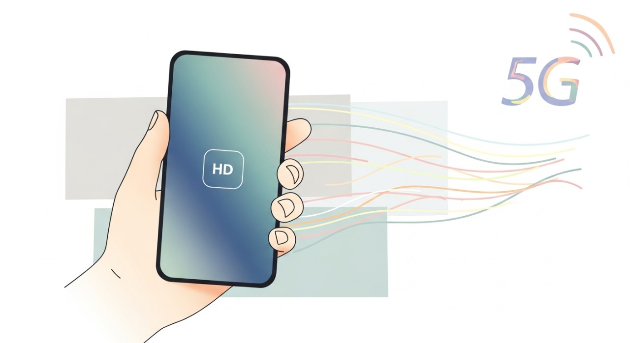 Tangan memegang telefon pintar yang memaparkan video HD tanpa sebarang penimbalan.