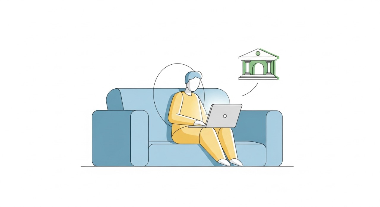 Seorang individu sedang menggunakan komputer riba untuk menguruskan kewangan di ruang tamu yang selesa.