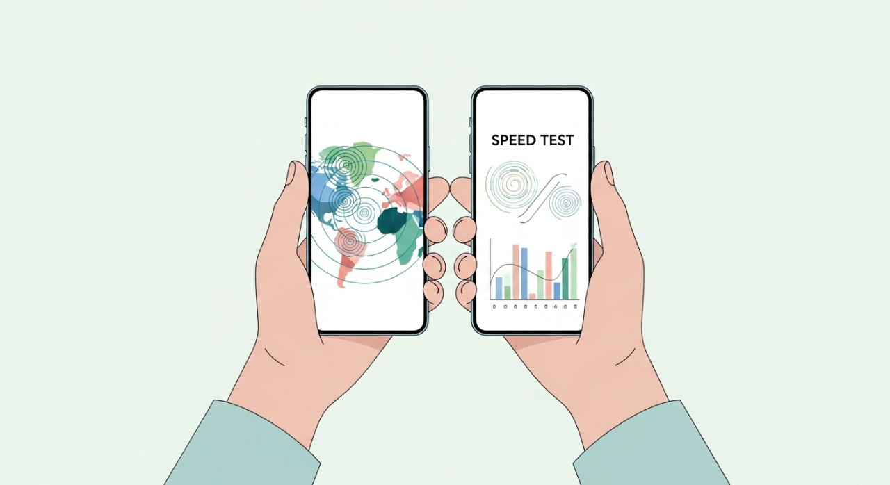 Seseorang sedang memegang dua telefon pintar yang memaparkan data perbandingan kelajuan internet.