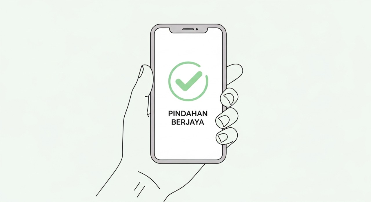 Tangan memegang telefon pintar menunjukkan skrin pengesahan pindahan wang berjaya.
