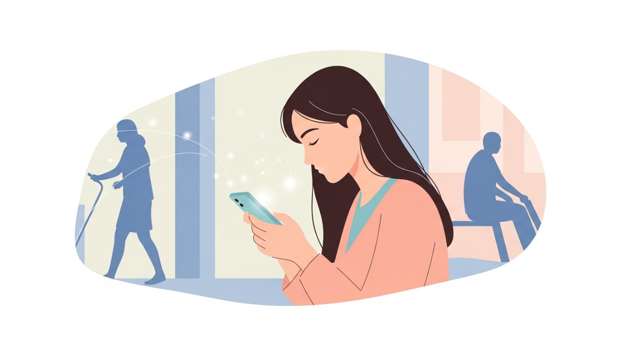 Seorang wanita sedang melayari internet dengan gembira menggunakan telefon pintar di kawasan awam.