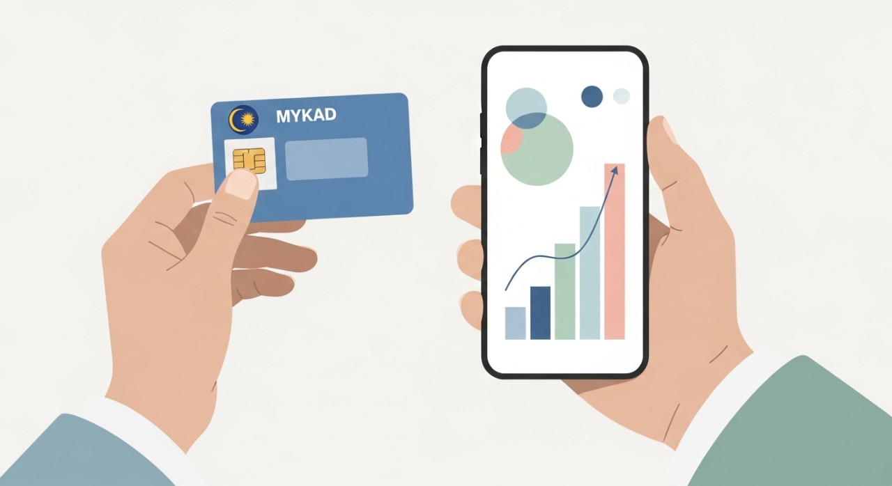 Seseorang sedang memegang kad pengenalan MyKad sambil melihat paparan aplikasi kewangan di telefon pintar