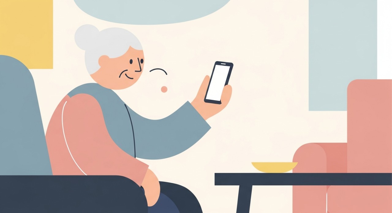 Seorang warga emas sedang menyemak status bayaran pencen melalui telefon pintar di ruang tamu