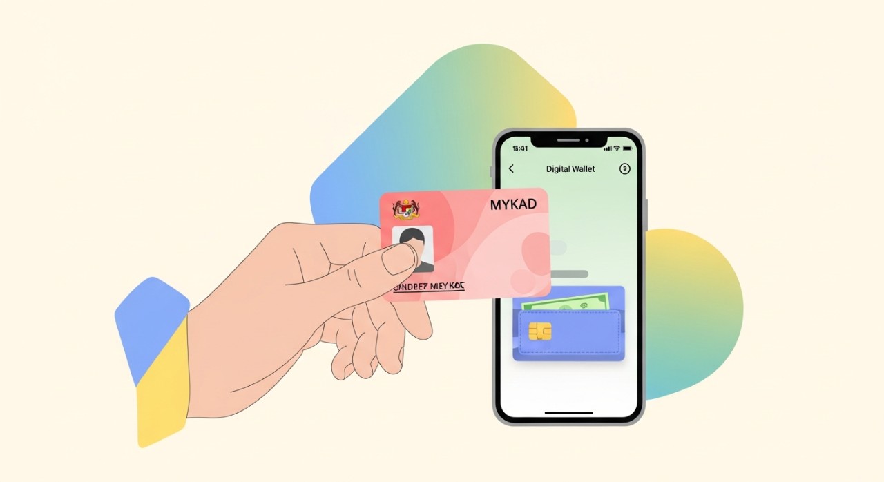 Seseorang sedang memegang kad pengenalan MyKad berhampiran telefon pintar untuk menyemak baki