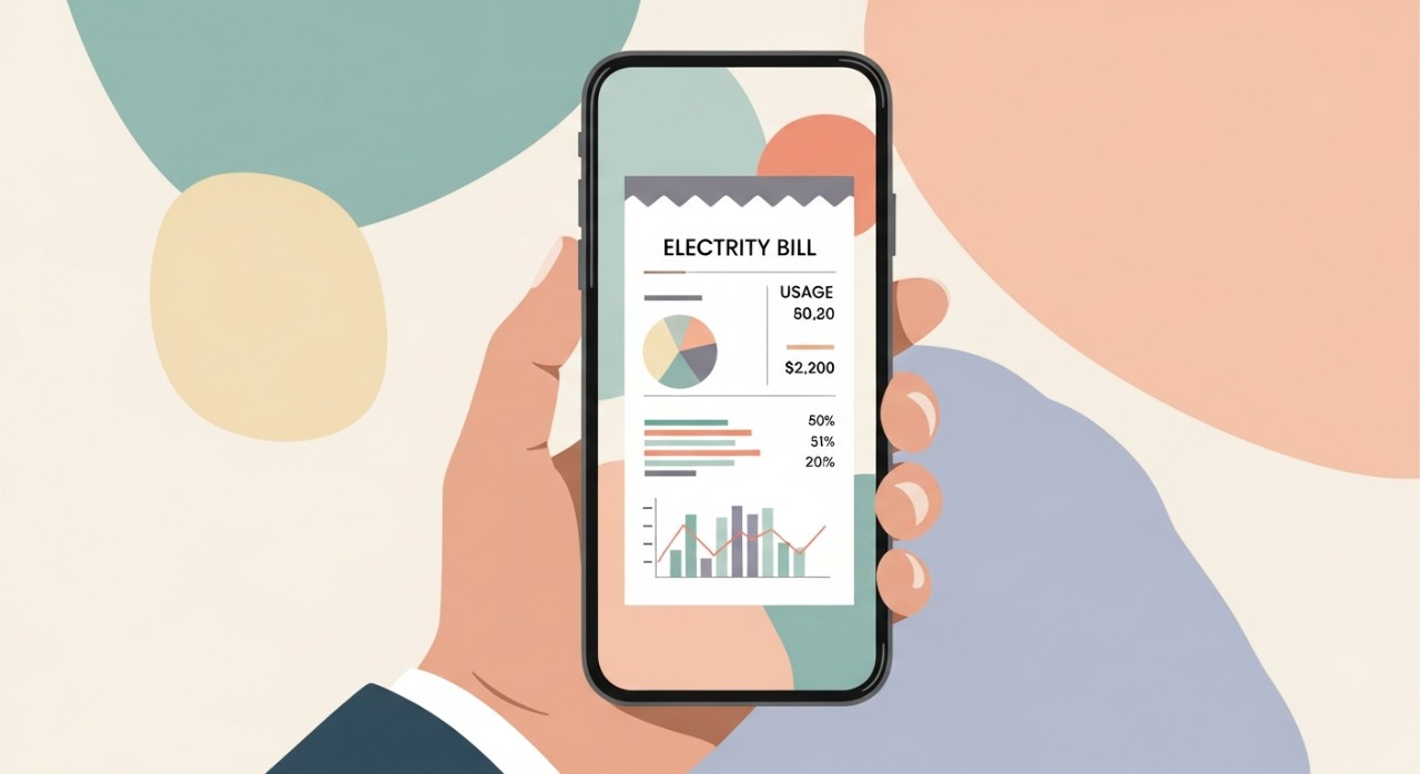 Seorang individu sedang meneliti jumlah penggunaan elektrik pada skrin telefon pintar.