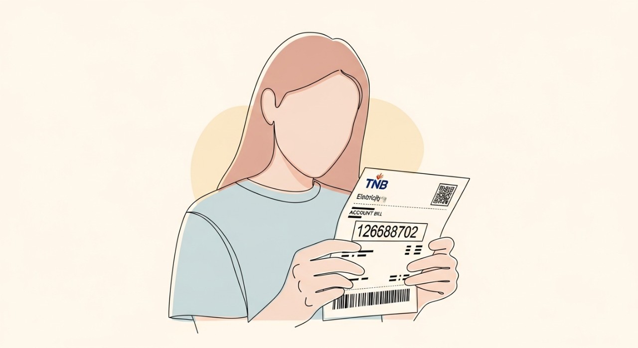 Seseorang sedang memegang bil elektrik TNB dan meneliti nombor akaun dua belas digit.