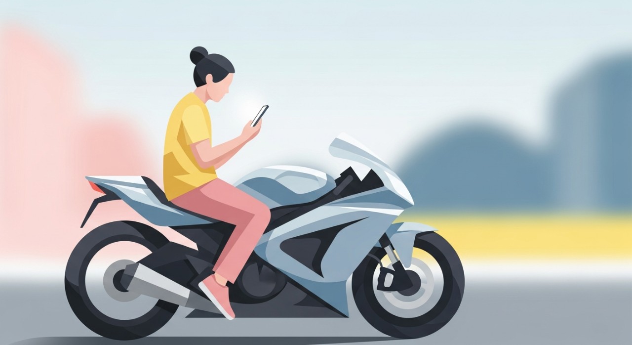 Seorang penunggang motosikal sedang melihat skrin telefon pintar di sebelah motosikalnya.