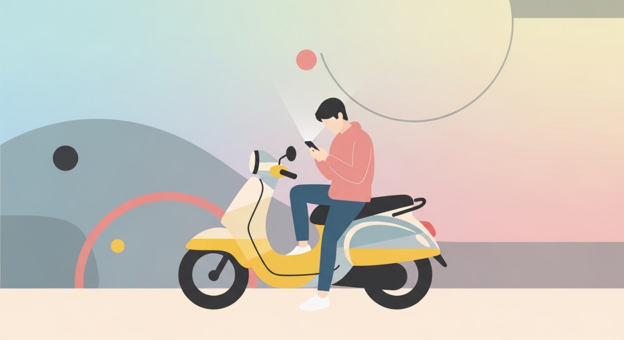 Seorang lelaki sedang menyemak maklumat insurans pada skrin telefon pintar di sebelah motosikal.