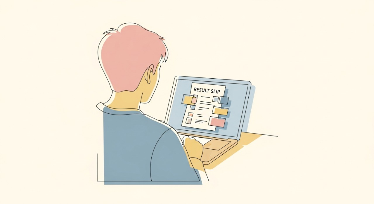 Seorang pelajar sedang melihat paparan slip keputusan peperiksaan di skrin komputer riba