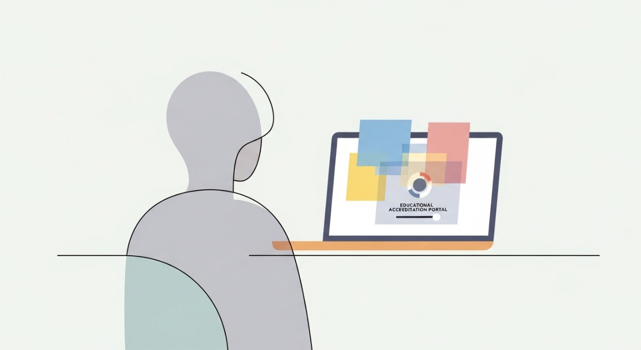 Seorang pelajar sedang menyemak status akreditasi kursus pengajian melalui skrin komputer riba