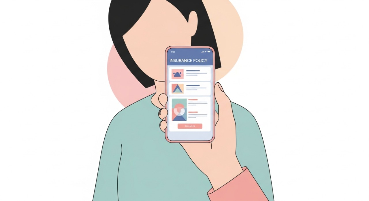 Seorang individu sedang meneliti maklumat perlindungan insurans melalui aplikasi di telefon pintar