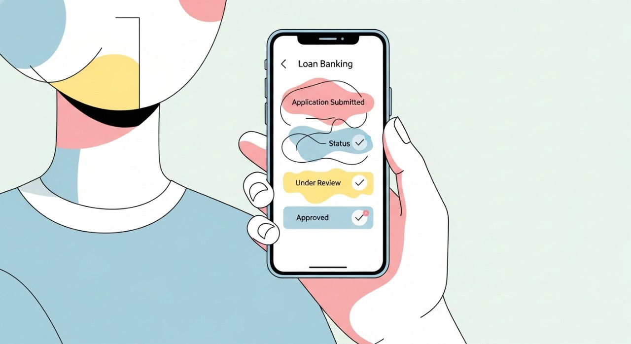 Seorang individu melihat skrin telefon pintar untuk menyemak status permohonan pinjaman.