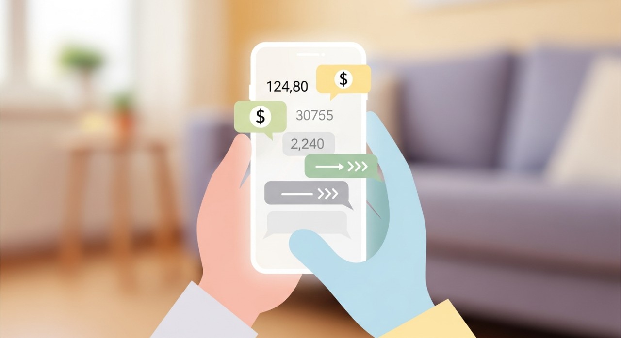 Seseorang sedang memegang telefon pintar dan melihat paparan mesej teks tentang baki pinjaman perumahan.