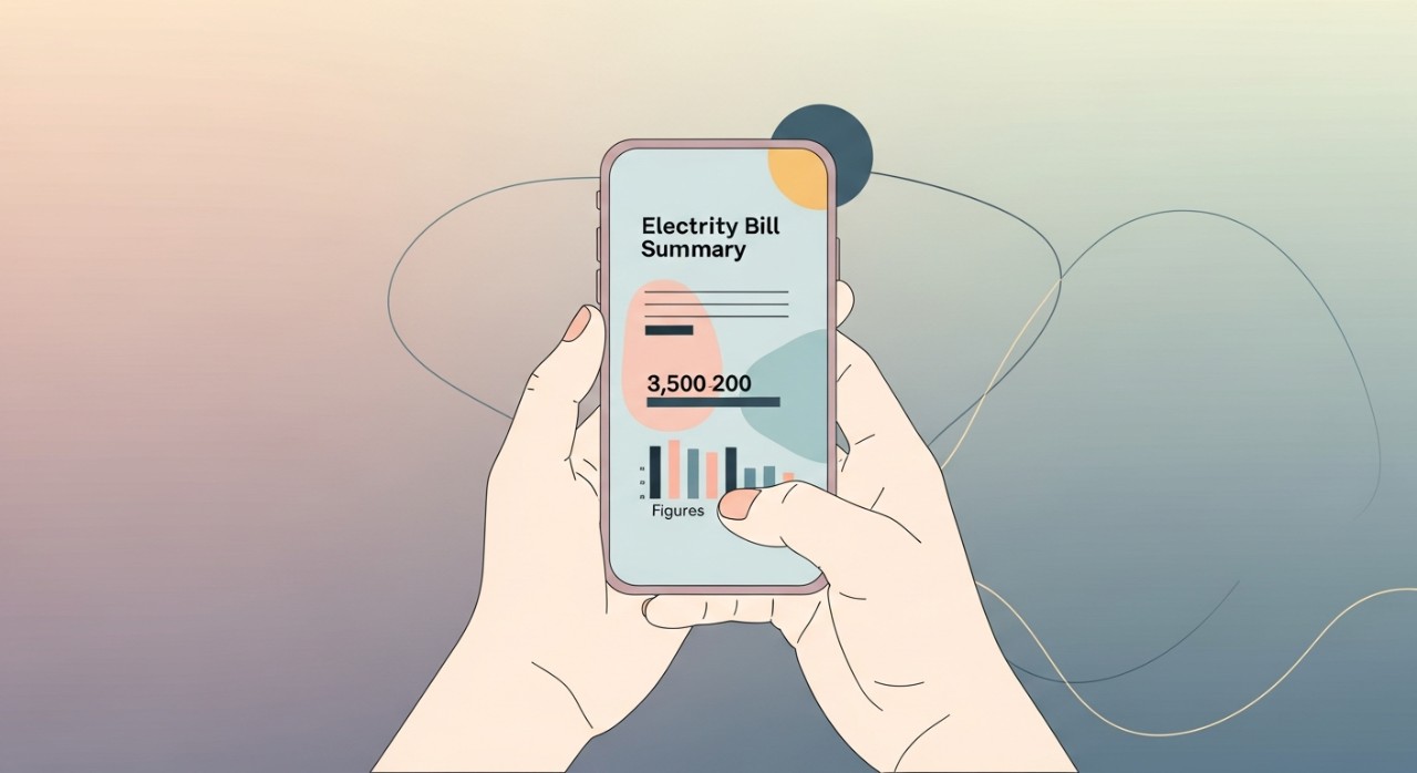 Seorang individu sedang menyemak jumlah bil elektrik melalui aplikasi di telefon pintar.