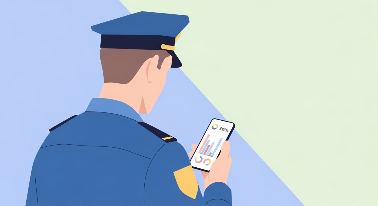 Seorang anggota polis sedang melihat paparan dividen pada skrin telefon pintar