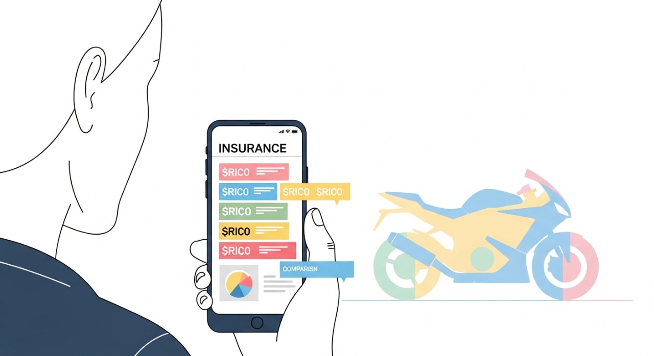 Seorang lelaki sedang membelek skrin telefon pintar untuk menyemak harga insurans motosikal.