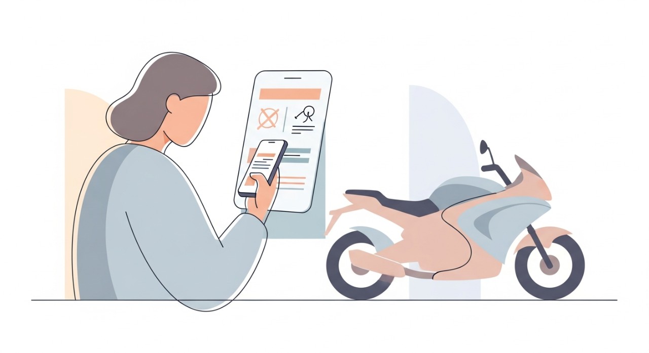 Seorang individu sedang meneliti maklumat insurans pada skrin telefon pintar di sebelah motosikal