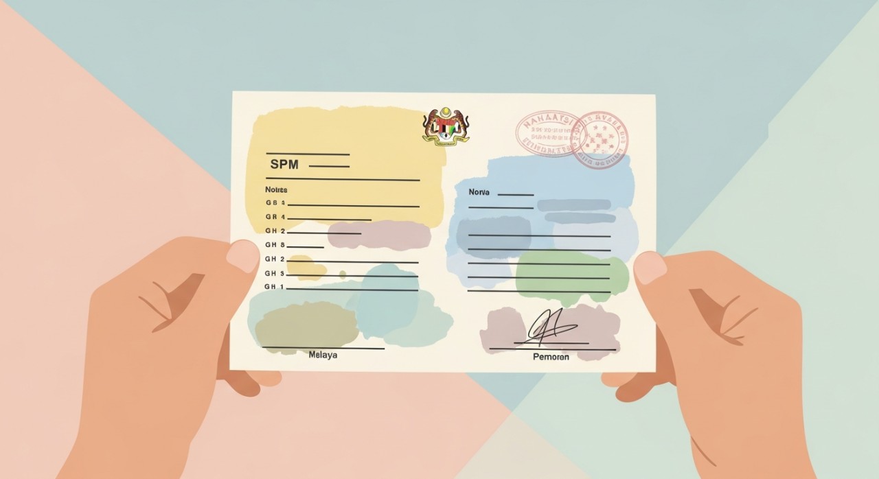 Seorang individu sedang meneliti helaian sijil peperiksaan SPM yang asal di atas meja.