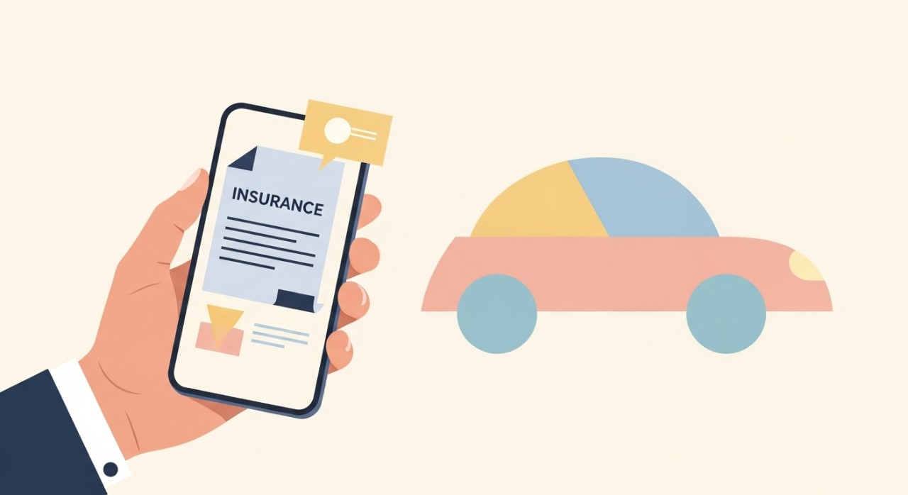 Seorang individu sedang meneliti butiran perlindungan kenderaan melalui skrin telefon pintar.