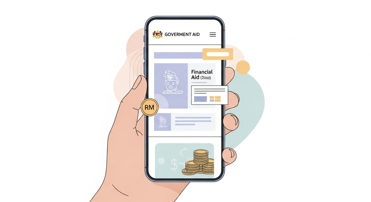 Seseorang sedang menggunakan telefon pintar untuk menyemak maklumat bantuan kewangan kerajaan pada skrin.