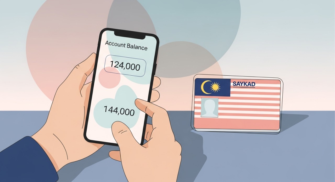 Seorang individu sedang menyemak baki bantuan MyKasih menggunakan telefon pintar.