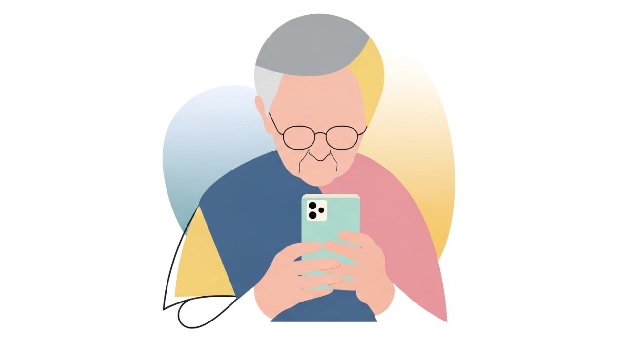 Warga emas sedang menggunakan telefon pintar untuk menyemak status pendaftaran bantuan kerajaan.