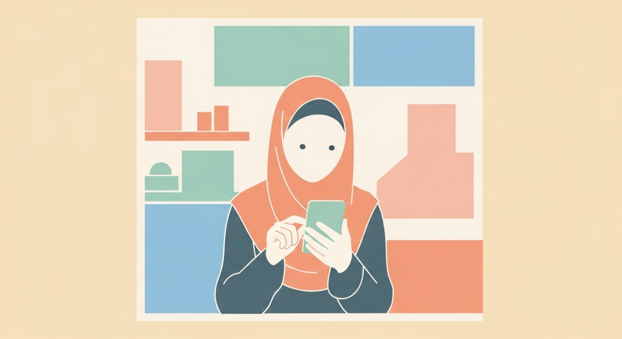 Seorang wanita sedang meneliti maklumat pada skrin telefon pintar di dalam kedai.