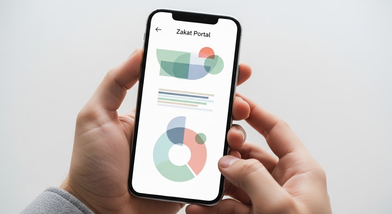 Seorang individu sedang menggunakan telefon pintar untuk menyemak status bayaran zakat.