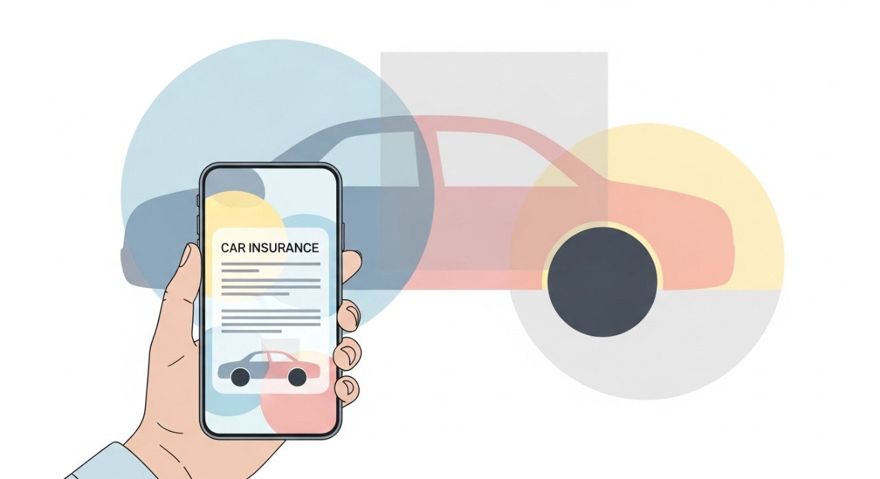 Seseorang sedang melihat maklumat insurans kenderaan pada skrin telefon pintar.