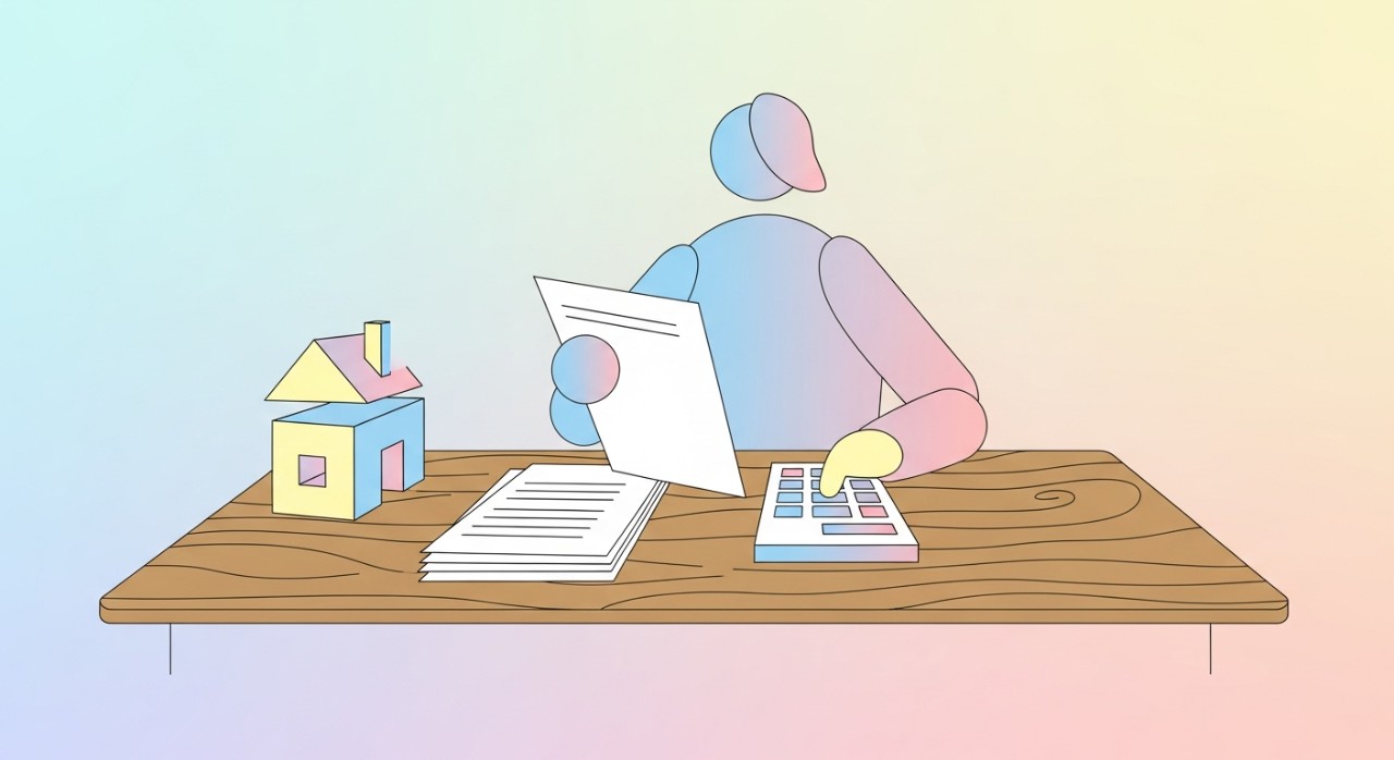 Seorang individu sedang meneliti dokumen kewangan dan kalkulator untuk mengira kelayakan pembiayaan perumahan.