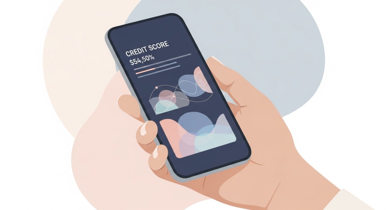 Tangan seseorang memegang telefon pintar yang memaparkan skor kredit digital.