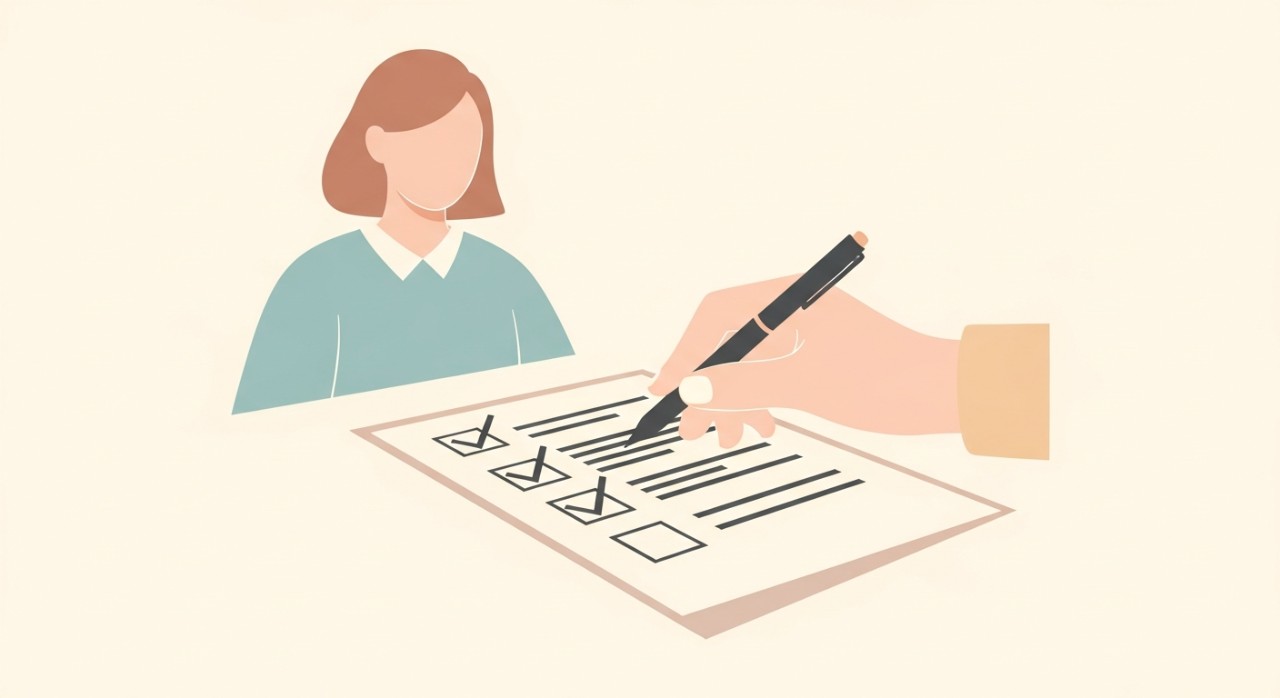 Seorang individu sedang meneliti senarai semak pada sekeping kertas dengan sebatang pen.
