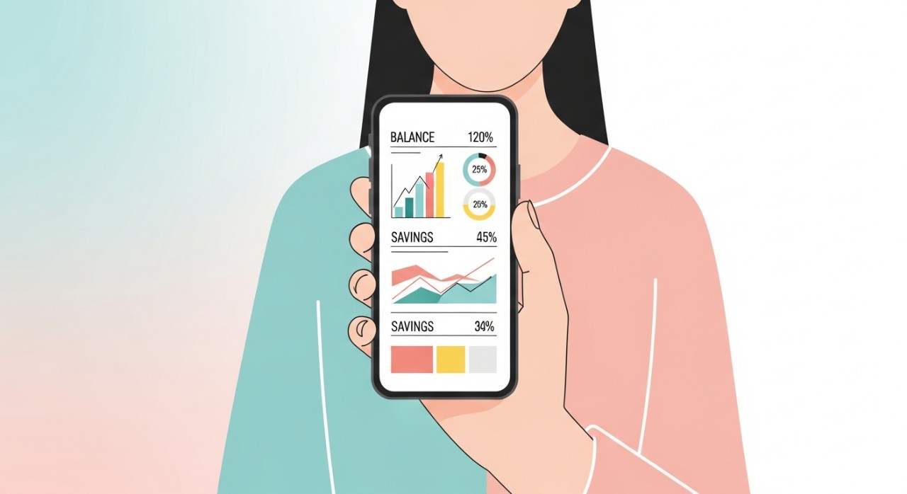 Seorang individu sedang melihat paparan penyata kewangan akaun simpanan pada skrin telefon pintar.