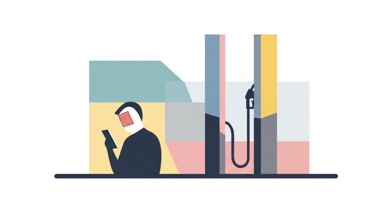 Seorang individu sedang menyemak status bantuan subsidi minyak melalui telefon pintar di stesen minyak.