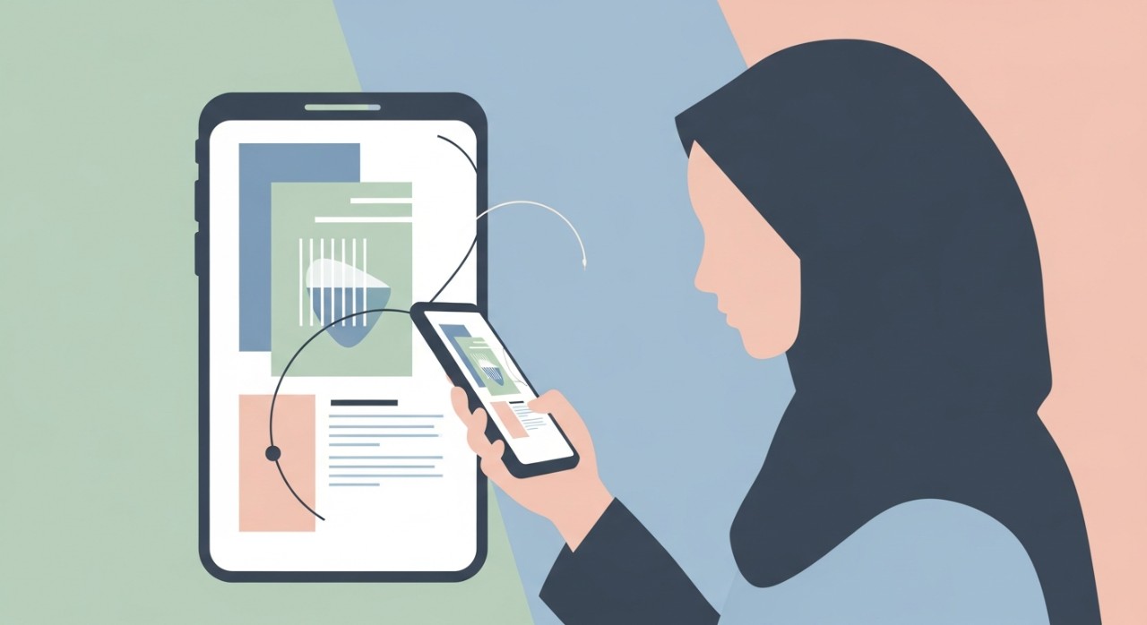 Seorang remaja sedang menyemak status pendaftaran PLKN melalui skrin telefon pintar.