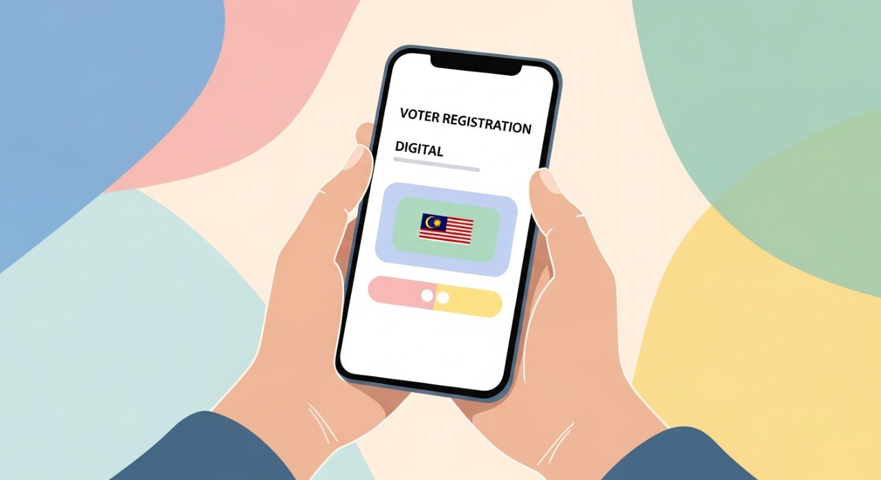 Individu sedang menyemak maklumat pusat mengundi melalui telefon pintar