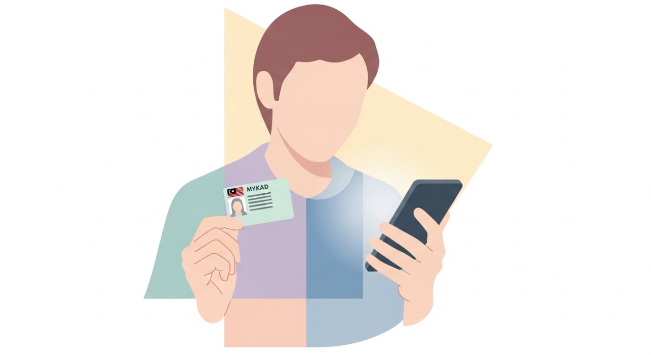 Seorang individu memegang kad pengenalan MyKad di hadapan skrin telefon pintar.