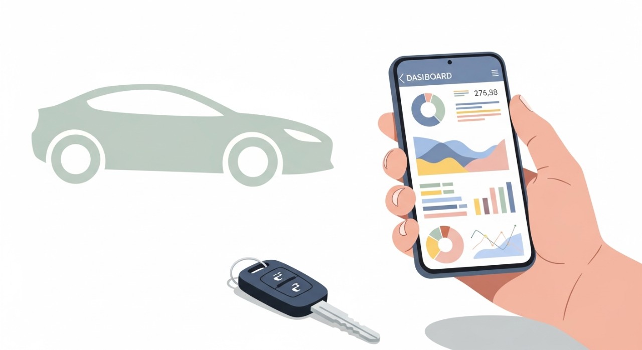 Seorang individu sedang melihat maklumat baki pinjaman kenderaan pada skrin telefon pintar