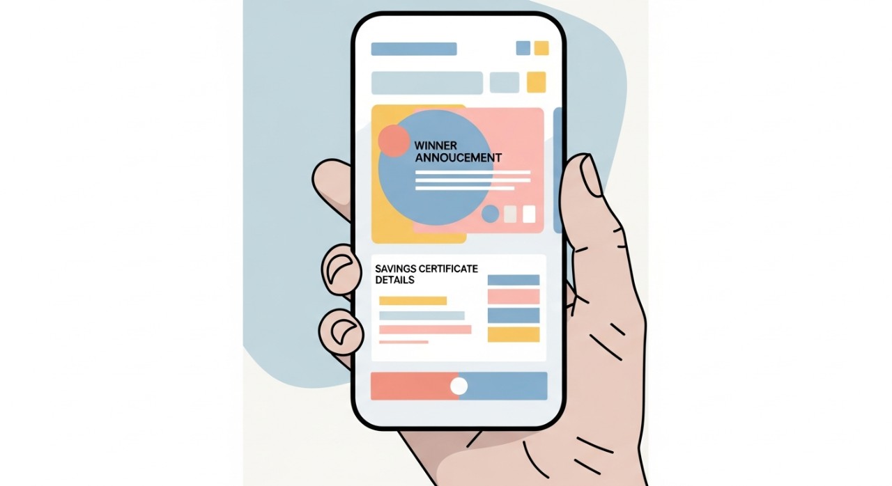 Seseorang sedang meneliti senarai pemenang Sijil Simpanan Premium pada skrin telefon pintar.
