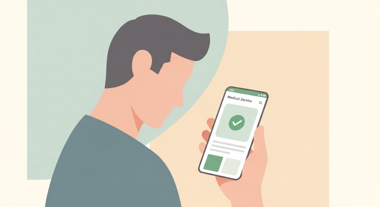 Seorang lelaki sedang menyemak status kelayakan bantuan kesihatan melalui telefon pintar.