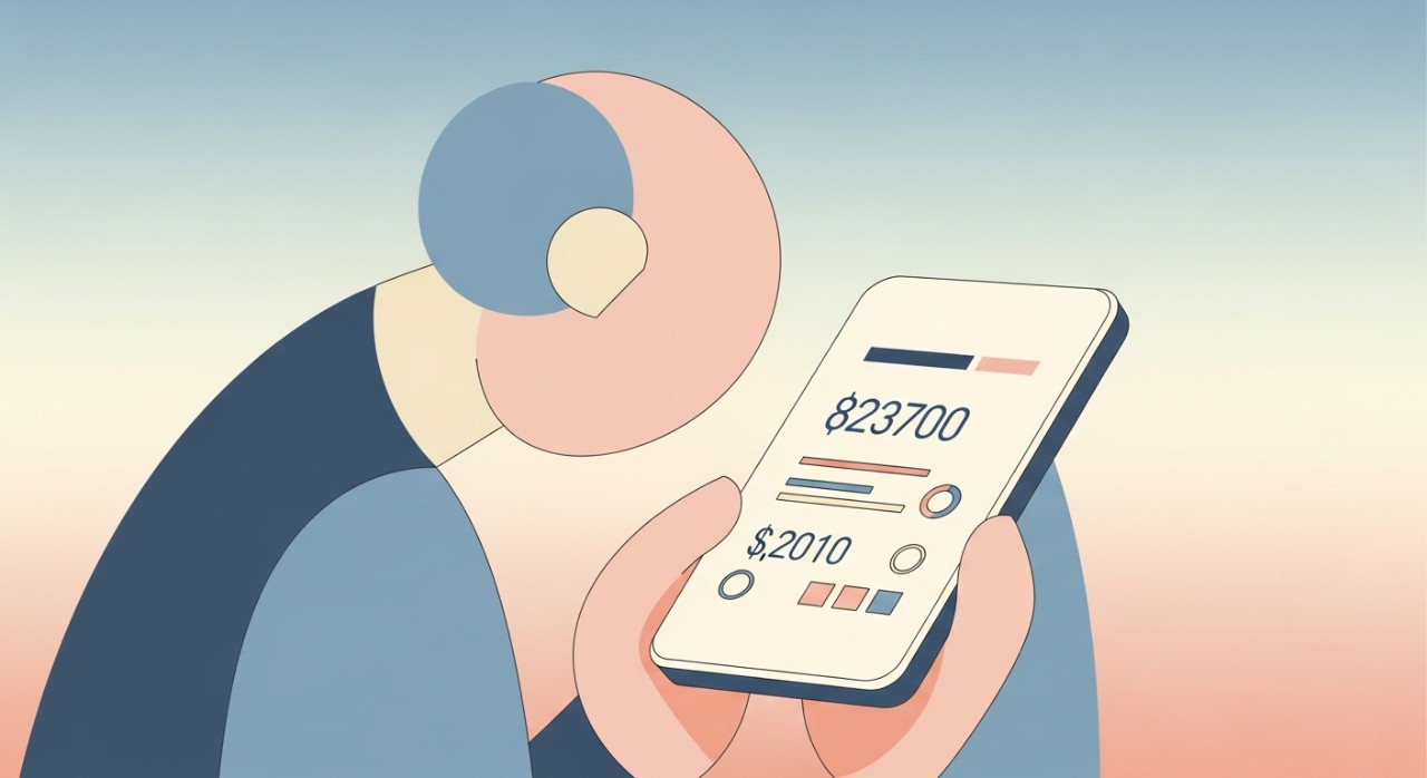 Seorang individu sedang menyemak baki akaun simpanan melalui aplikasi perbankan di telefon pintar.