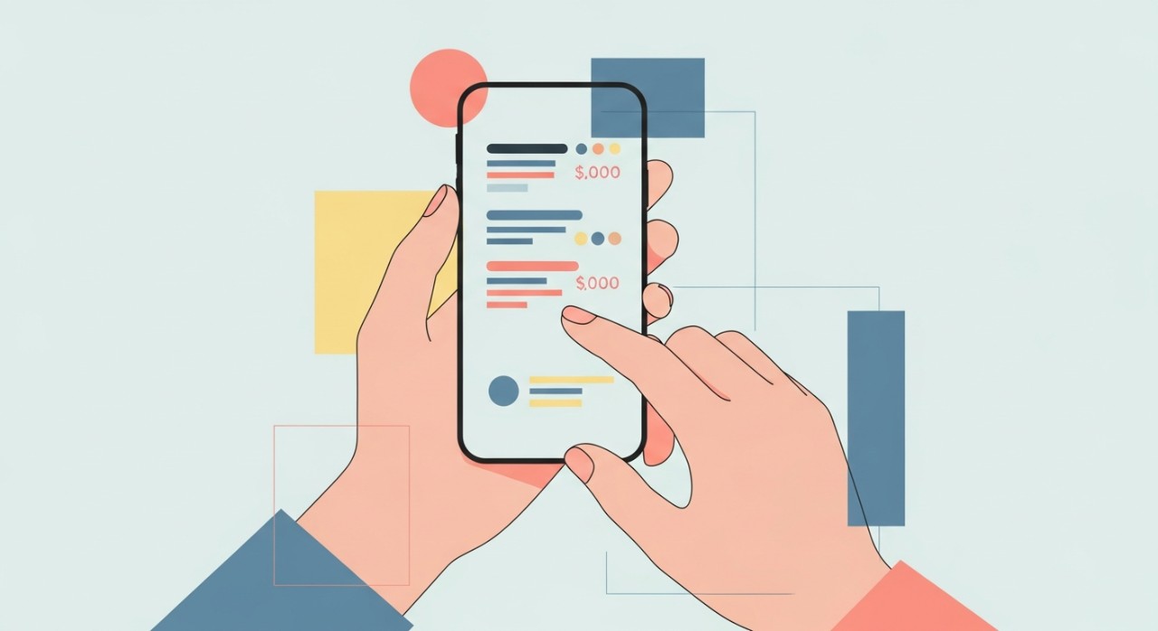 Seorang individu sedang meneliti jumlah baki pinjaman yang dipaparkan pada skrin telefon pintar.