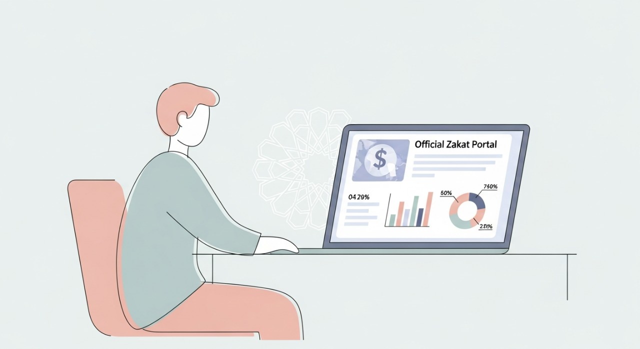 Seorang individu sedang menyemak status permohonan zakat melalui portal rasmi pada skrin komputer riba.