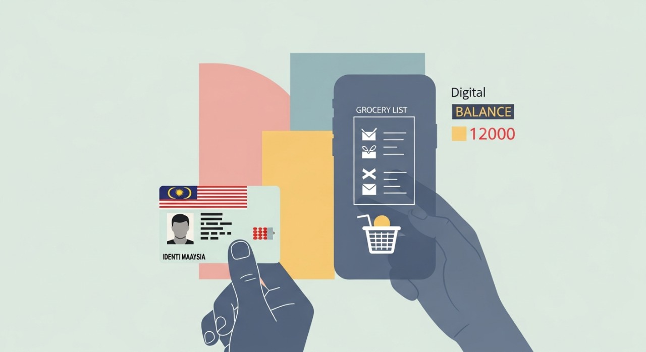 Seorang individu sedang menyemak senarai barangan bantuan pada skrin telefon pintar sambil memegang kad pengenalan.