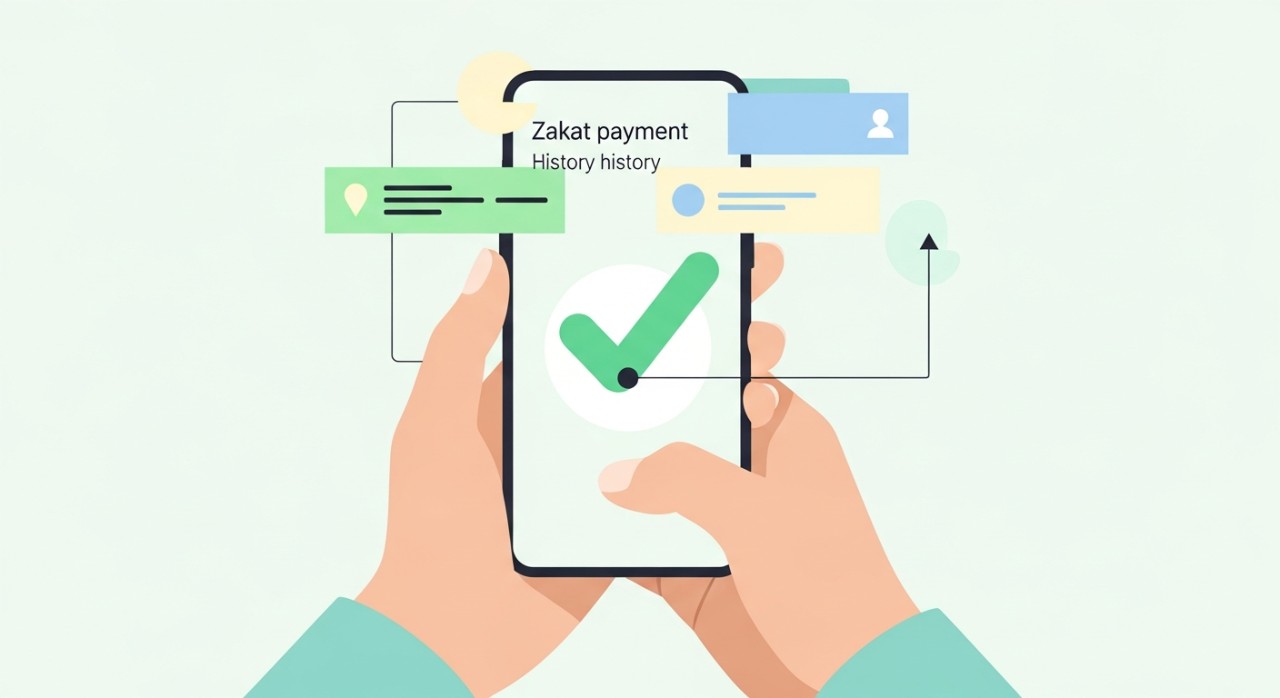 Seseorang sedang melihat paparan skrin telefon pintar yang menunjukkan rekod transaksi zakat.