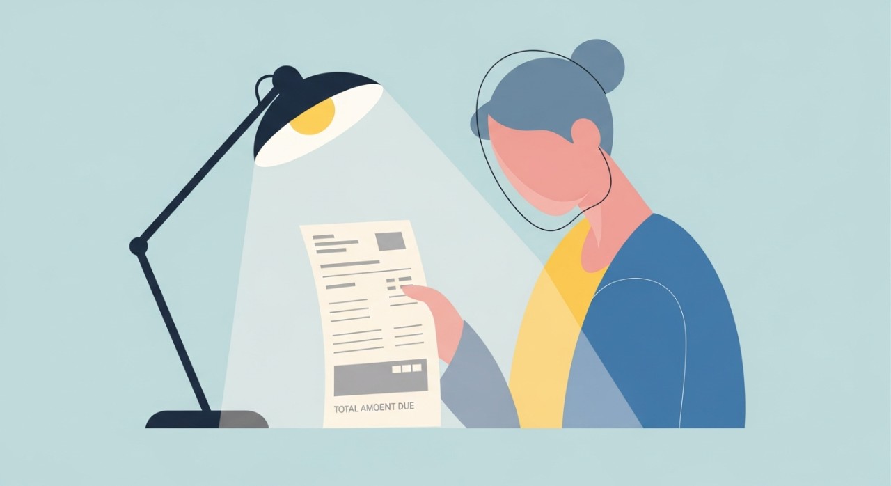 Seorang individu sedang meneliti jumlah tunggakan pada bil air fizikal di bawah cahaya lampu.