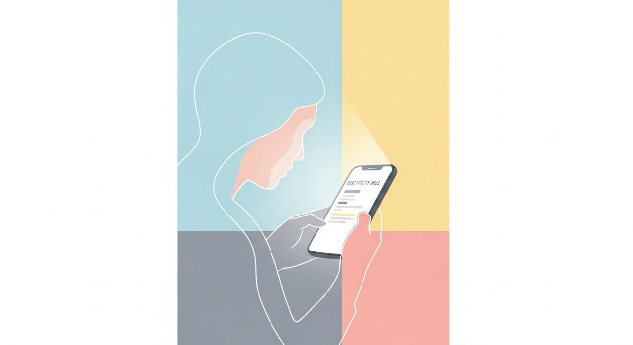 Seorang individu sedang melihat paparan jumlah bil elektrik pada skrin telefon pintar.